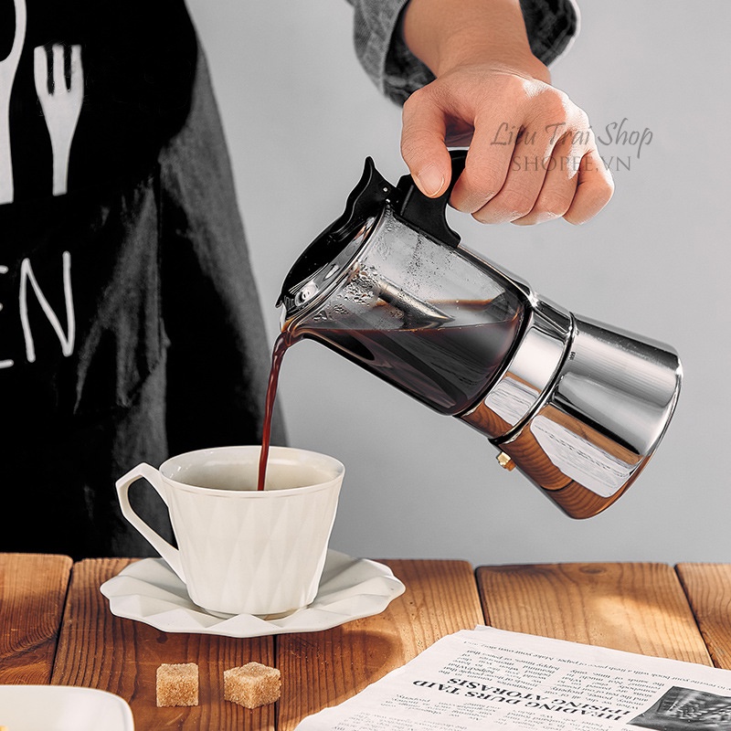 Ấm Moka pot pha cafe thủy tinh đun bếp từ cao cấp inox 304 pha cà phê espresso phong cách Ý