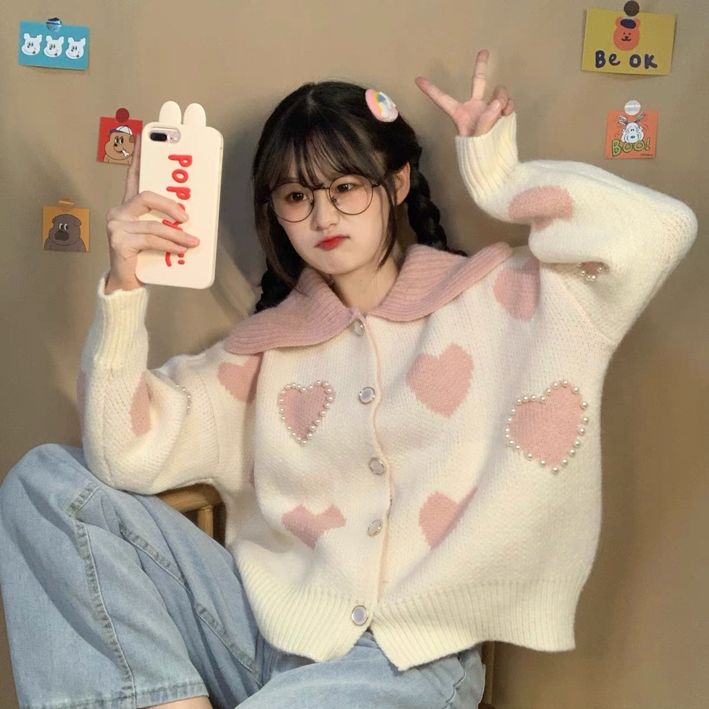 Áo Khoác Cardigan Đính Ngọc Trai Thời Trang Thu Đông Dễ Thương Cho Nữ