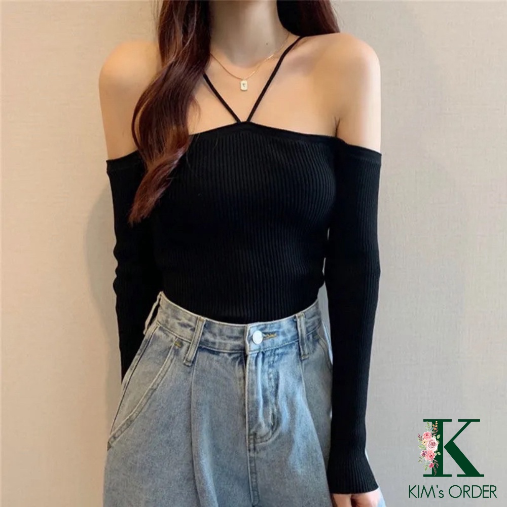 Áo len nữ cổ dây yếm màu đen trắng ghi trễ ngang vai cổ thuyền dài tay phom ôm chất đẹp co dãn đi tiệc sang chảnh