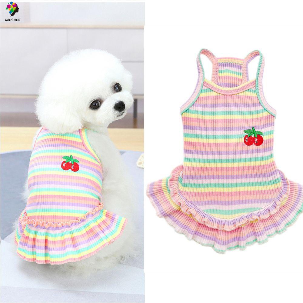 MIOSHOP Cotton Pet Clothes Princess Dresses Rainbow Dog Dresses Cat Vest Lace Cherry Puppy Shirts Small Medium Dogs Striped/Multicolor