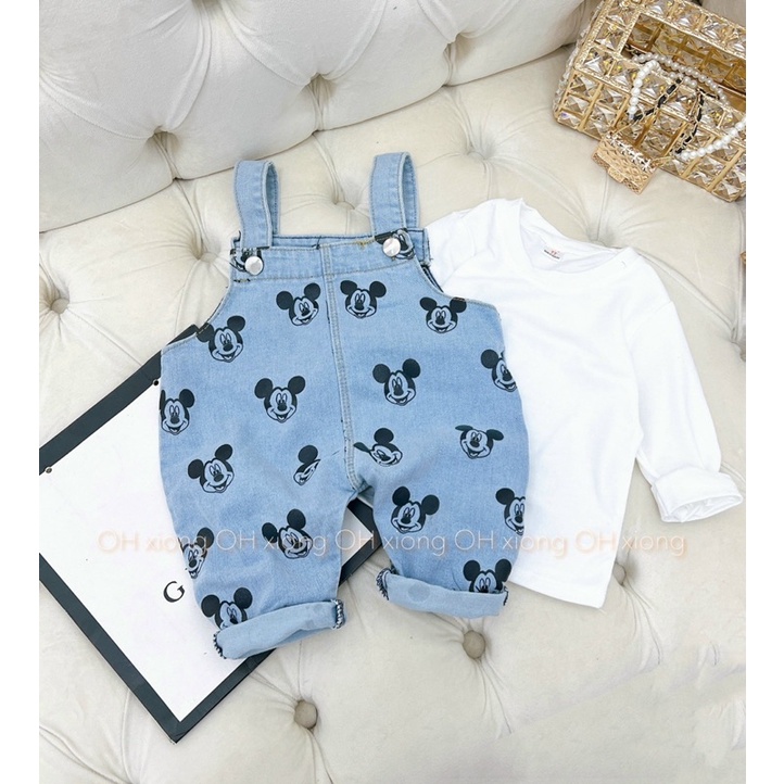 SETB21 - SETB22 Yếm Jean Kèm Áo Thun Cotton Dài Tay In Gấu - mickey Cho Trẻ 6kg Đến 15kg