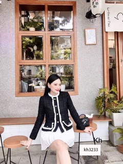 Áo dạ tweed đen phối viền trắng