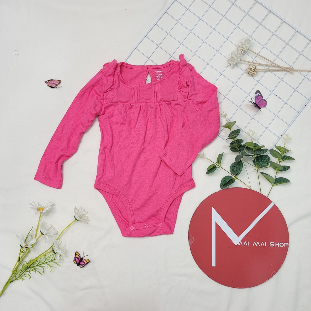 (6-9M chọn màu- Gái) Body chip TAY DÀI xuất dư cổ tròn, cổ đáp vai cho bé gái- Bộ liền thân, BODYSUIT cho bé