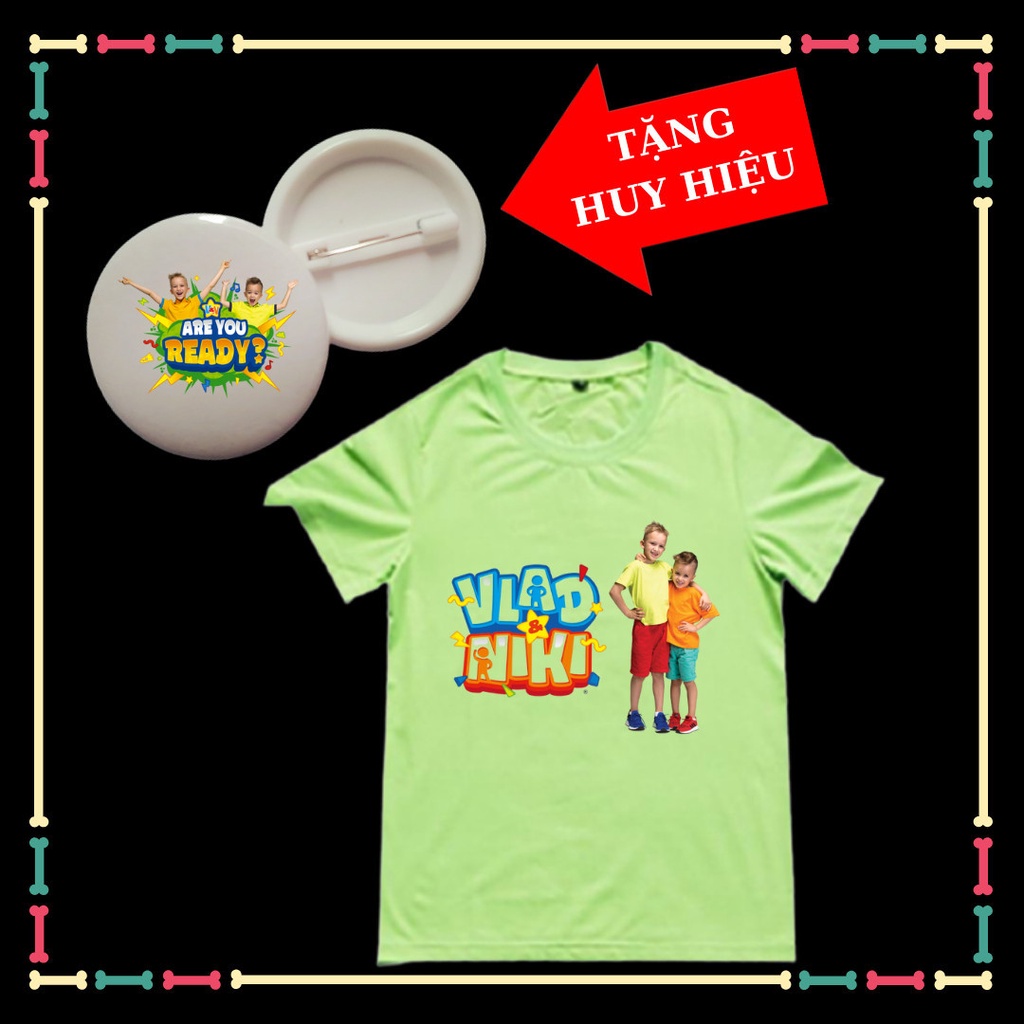 Vlad và Niki, áo thun trẻ em ngắn tay, siêu ngầu, đủ size áo từ 10kg đến 90kg, kèm huy hiệu Vlad Niki