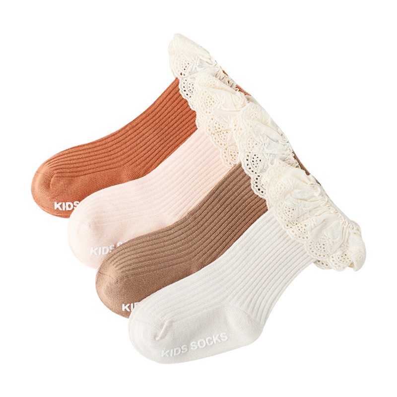 Vớ cotton dài qua gối màu trơn viền bèo nhún chống trượt dành cho bé gái
