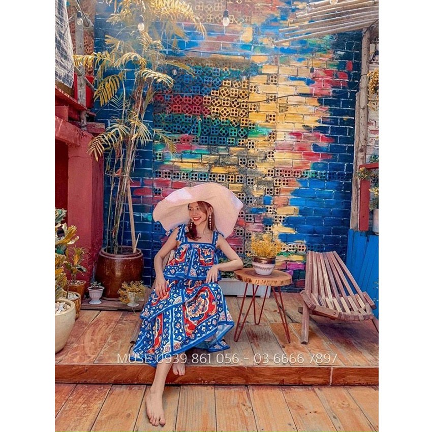 Đầm Maxi 2 Dây - Váy Maxi Tầng Họa Tiết Thổ Cẩm Xanh Da Trời, Chất Lụa Mềm Mịn Mát Thích Hợp Cho Các Cô Nàng Du Hí Biển | BigBuy360 - bigbuy360.vn