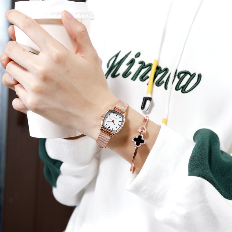 Đồng hồ nữ dây kim loại vàng hồng mặt vuông RATE mặt trắng đồng hồ nữ mặt nhỏ chính hãng size 22mm đẹp giá rẻ DHW004