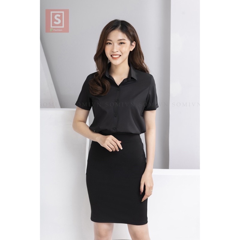 Áo Sơ Mi Nữ Tay Ngắn Công Sở Bassic Chất Cotton Ít Nhăn, Mặc Mát Màu Đen