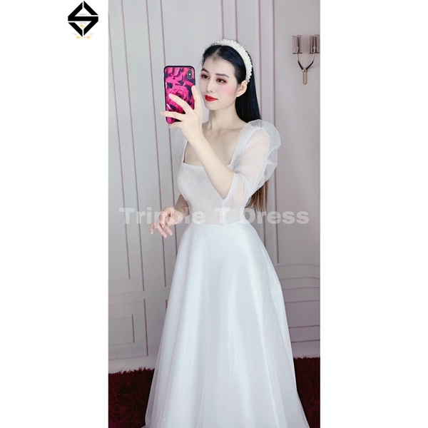 Đầm maxi mặc cưới TRIPBLE T DRESS nhẹ nhàng thanh lịch chất lưới nhũ lấp lánh - size M/L - MS191Y