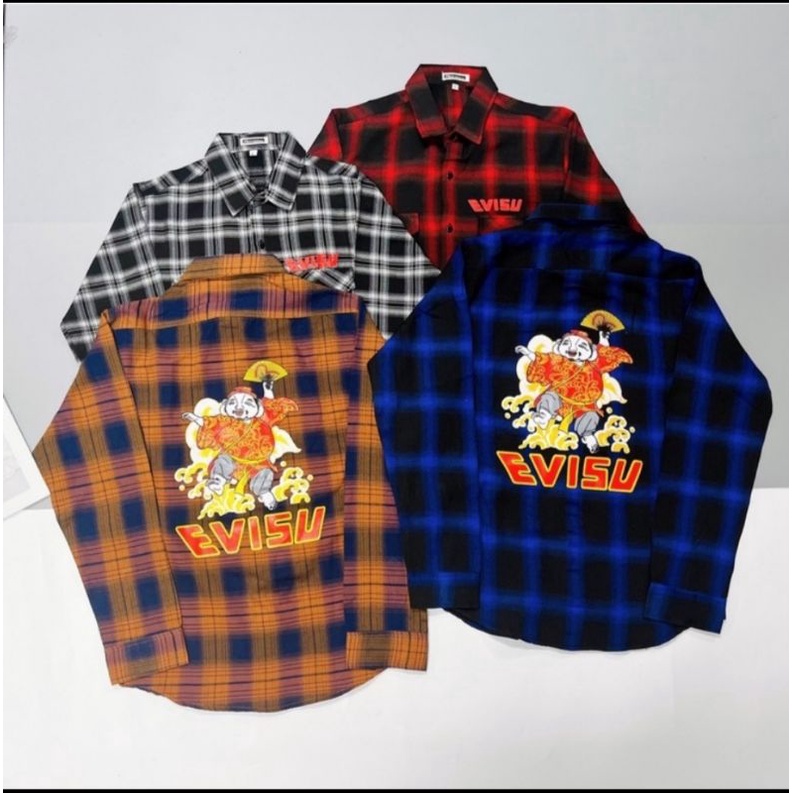 Áo Sơ Mi Nam Nữ Caro Nỉ Tay Dài EVISU In Hình Ông Địa Nhiều Màu Siêu Xinh - Super Fashion P