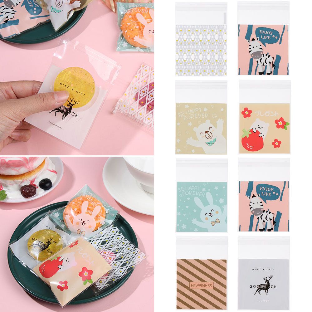 Set 100 túi đựng bánh quy/ kẹo in họa tiết hoạt hình 7 x 7+3cm DIY