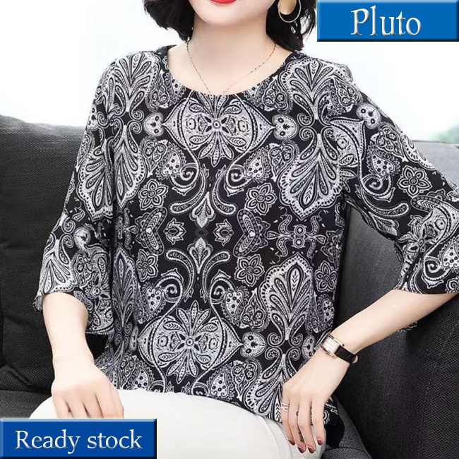 MỚI Áo thun nữ cổ thuyền tay loe in họa tiết cổ điển