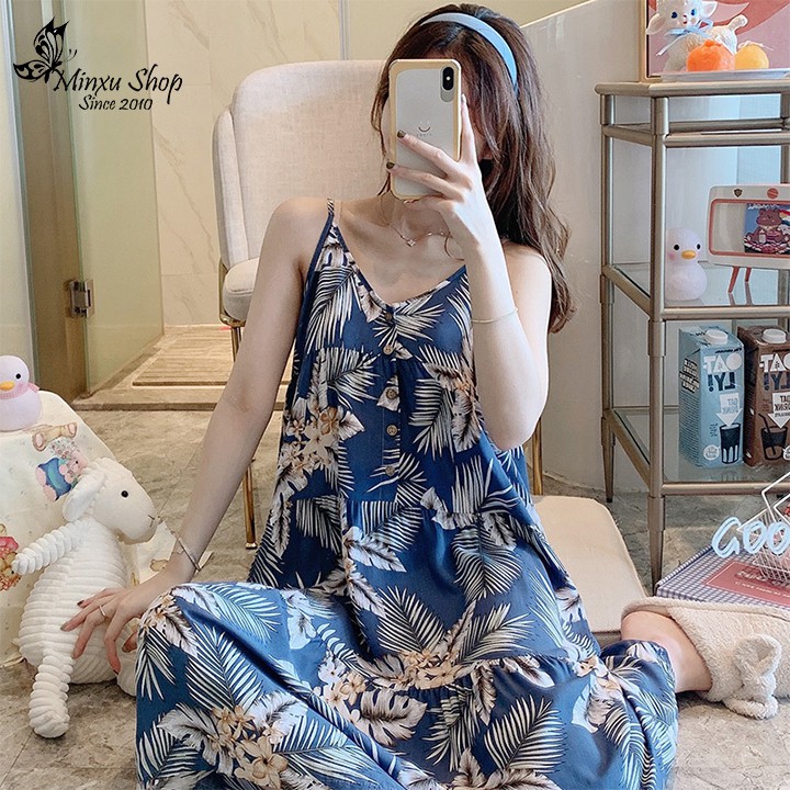 Đầm Ngủ Hai Dây Cao Cấp Minxu Shop, Váy Mặc Nhà Vải Lanh Mát Lịm, Giả Cúc Ngực Quyến Rũ Freesize 45-75kg (VL122)