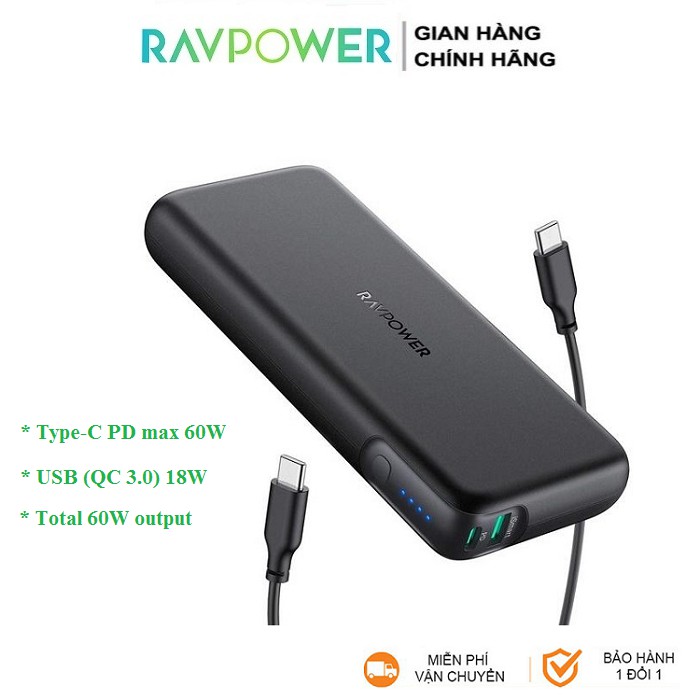 Pin Sạc dự phòng RAVPower 20000mAh 60w PD3.0 RP-CPBN004