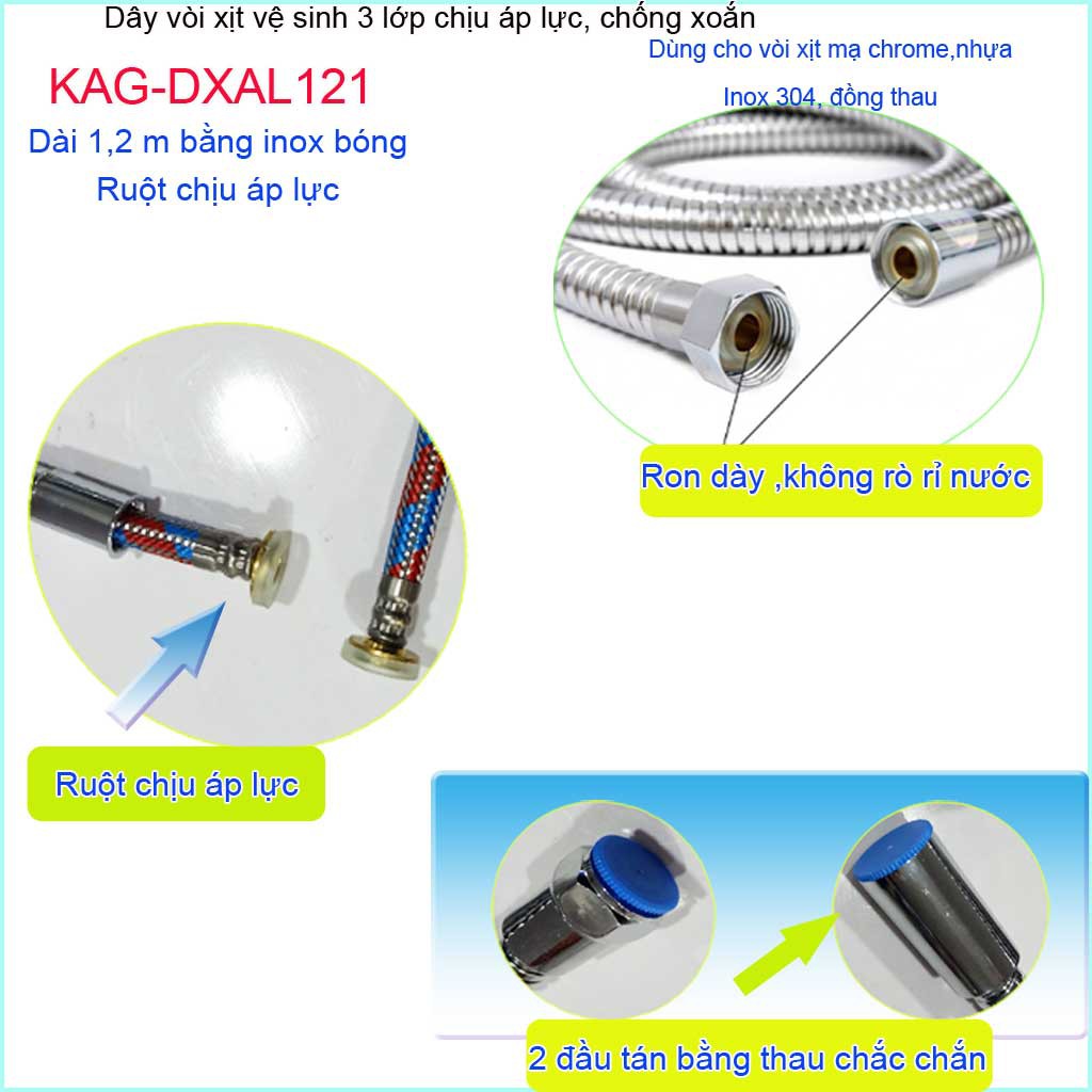 Dây sen chịu nhiệt chịu áp 1.2m KAG-DXAL121, dây vòi xịt dây mềm cấp nước 1.2m giá tốt sử dụng tốt