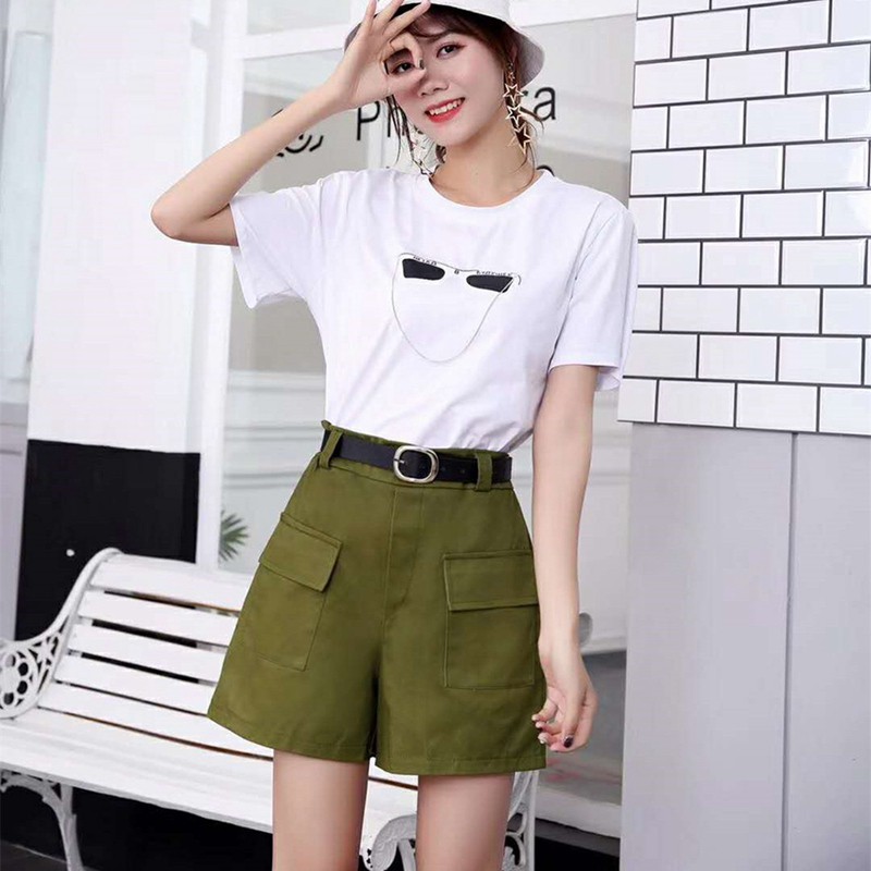 Quần short cotton ống rộng lưng cao màu trơn cho nữ