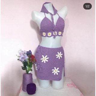 Set len móc áo và váy đính hoa 2 món - bikini len