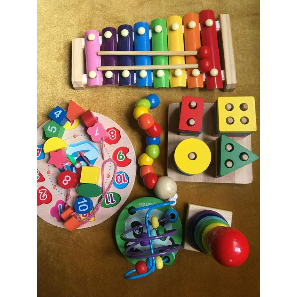 Đồ Chơi Gỗ  Combo 6 Món Đồ Chơi Gỗ  Thông Minh Phát Triển Trí Tuệ Cho Bé Nhiều Màu Sắc