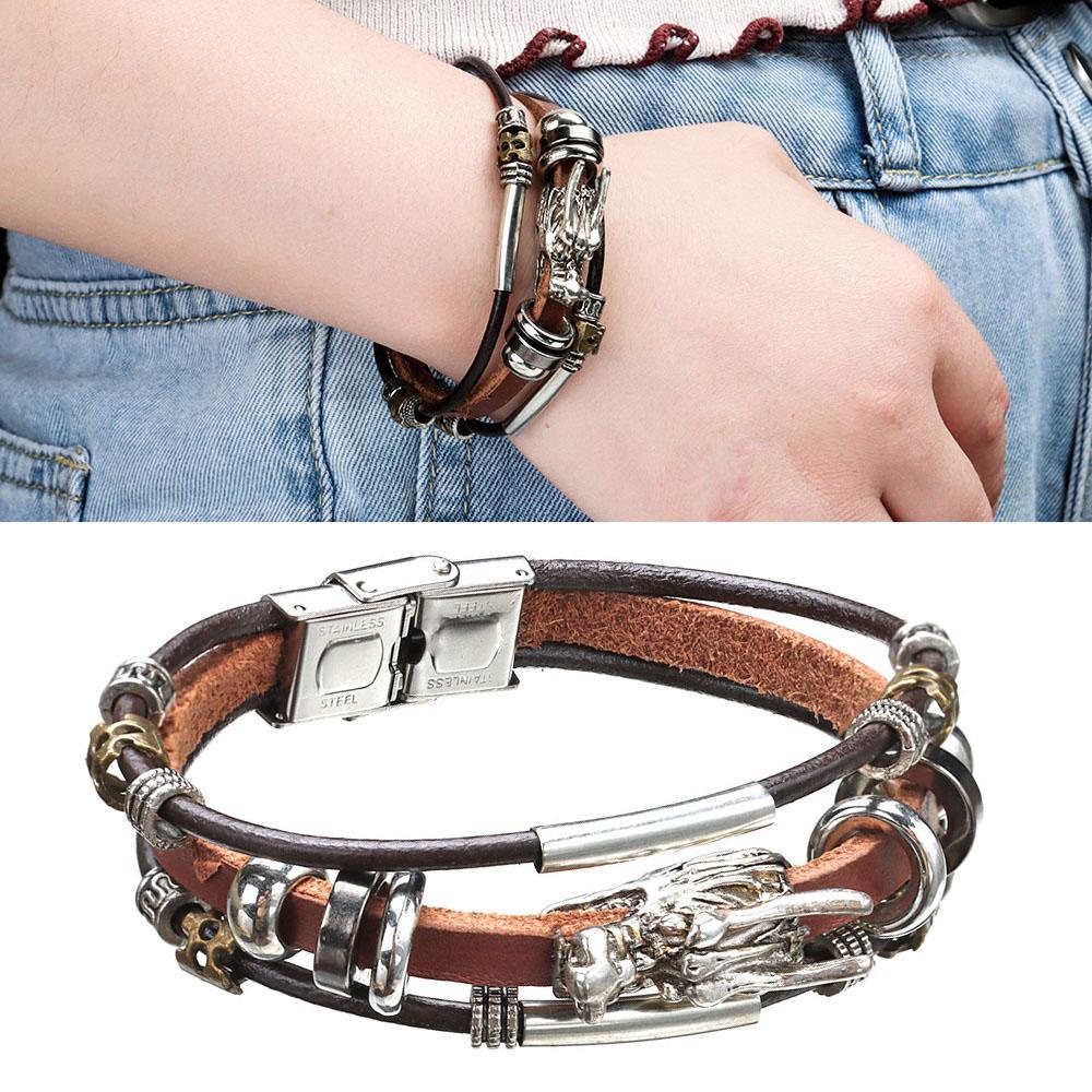 LEILY Vòng Tay Da Mặt Hình Rồng Hợp Kim Cho Nam