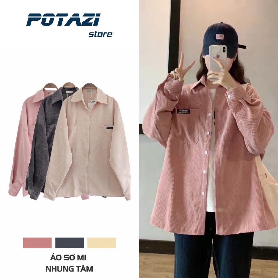 Áo Sơ Mi Nhung Tăm Ulzzang - Áo Khoác Form Rộng Unisex Freesize Potazi SM01