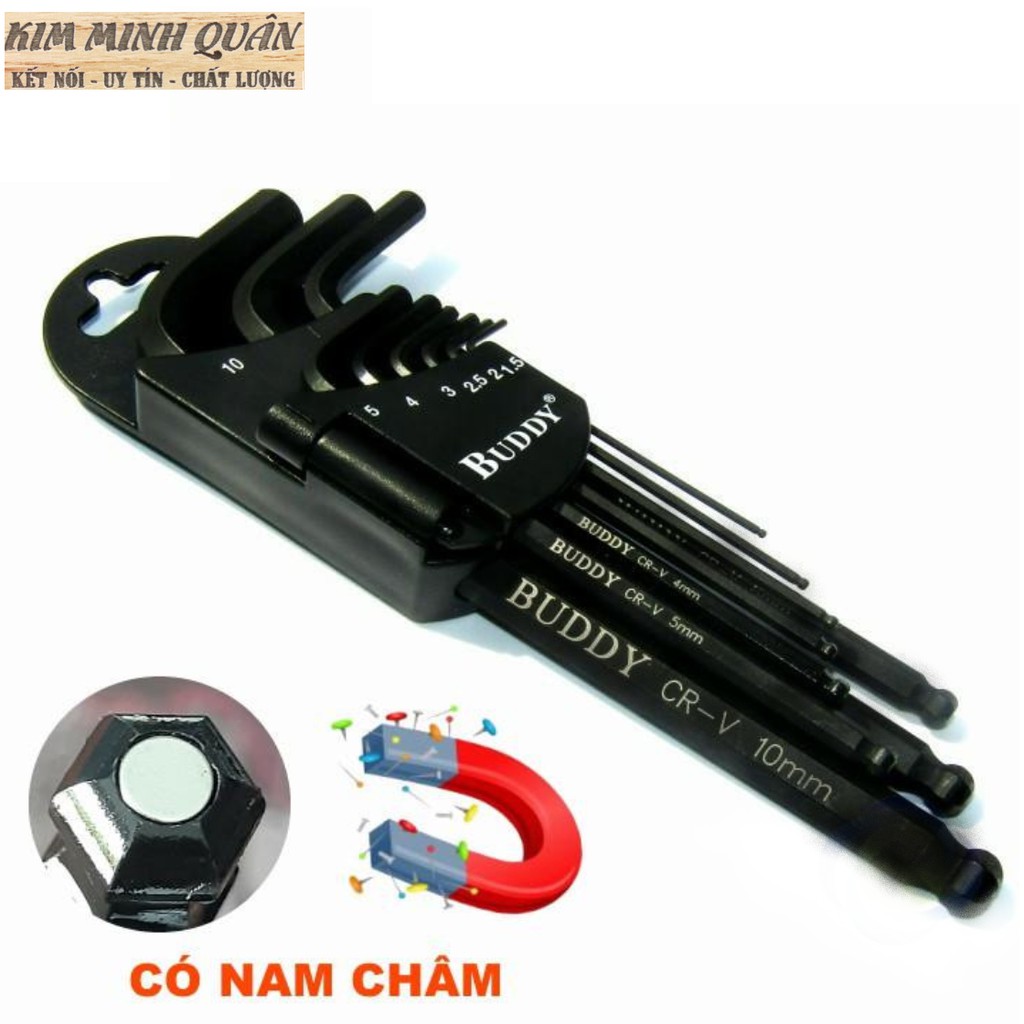 Bộ Lục Giác Đầu Bi Thép Đen 9 Cây Có Nam Châm Cao Cấp BA0098 BUDDY