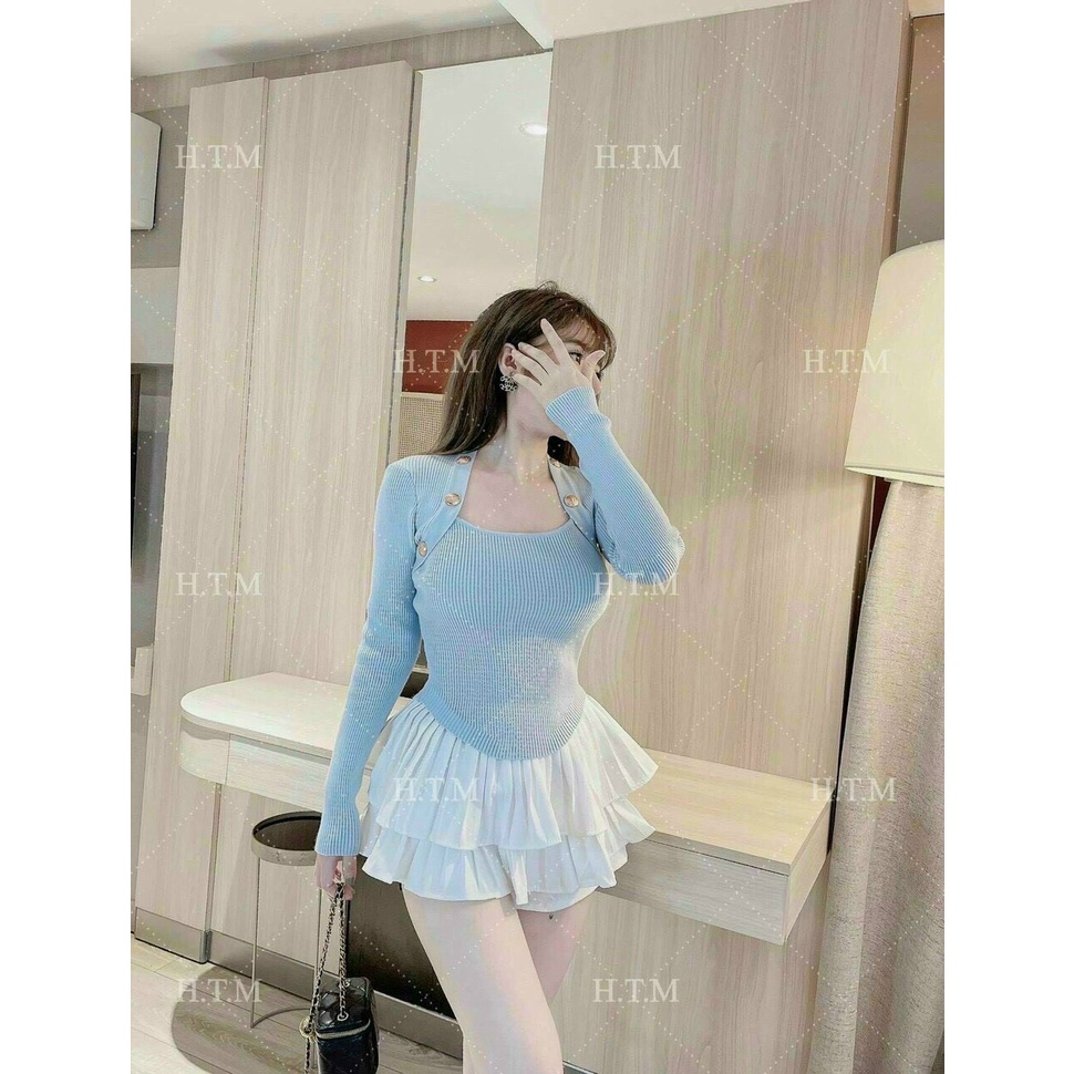 Áo thun nữ tay dài - Áo kiểu gân nổi phối cổ nút - 4 Màu lựa chọn