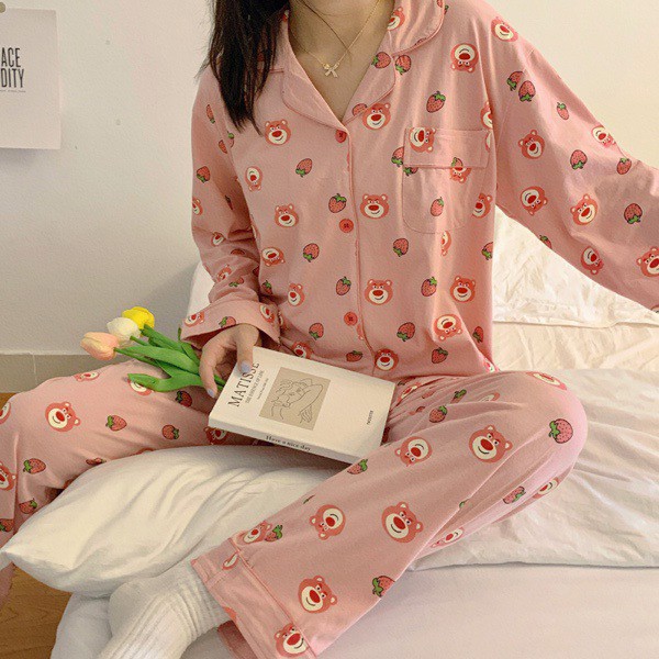 Bộ ngủ pijama dài tay thu đông mặt gấu siêu xinh