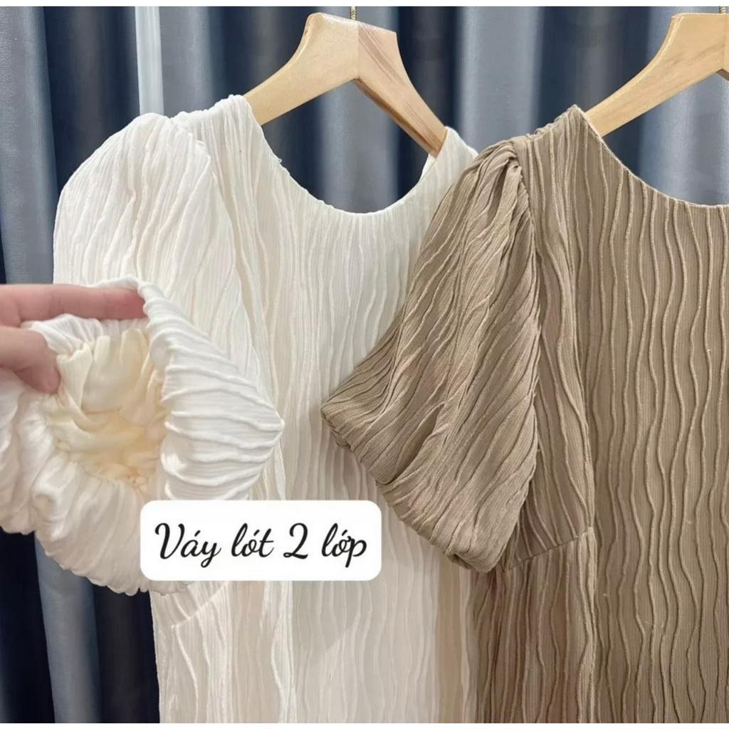 Váy suông nữ váy xuông nữ (free size &lt;60kg) vân sóng tay bồng 2 lớp dáng babydoll dài PANOSI - V740