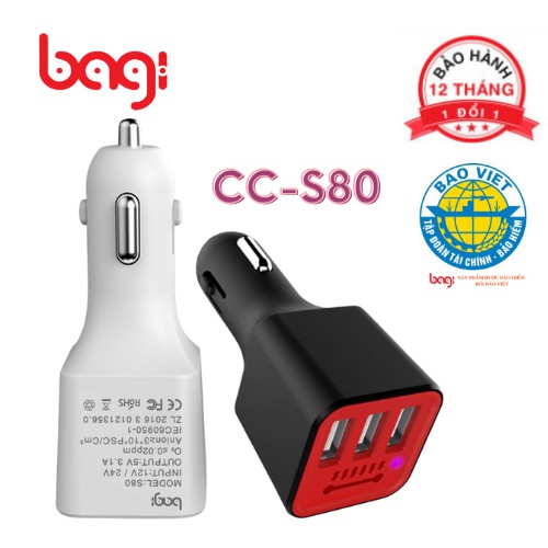 Củ sạc oto Bagi CC-S80, 3USB – 2A khử mùi  bảo hành 12 tháng