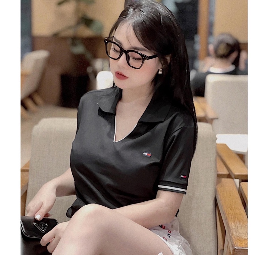 Áo thun nữ polo cổ V phối màu vải cá sấu mền mát, áo phông nữ cộc tay lỡ cổ bẻ năng động