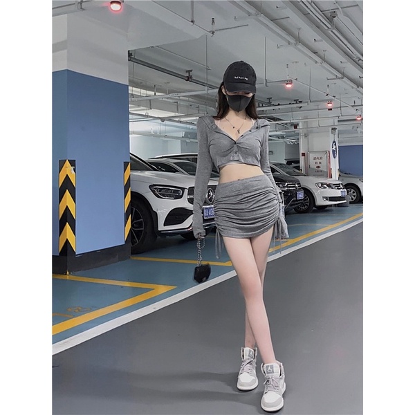 Set áo croptop+chân váy thể thao Ulzzang
