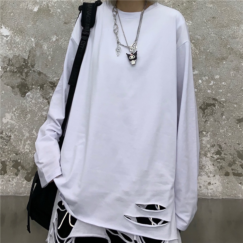 Áo thun dài tay 95% cotton rách gấu tạo layer màu basic hip hop unisex nam nữ