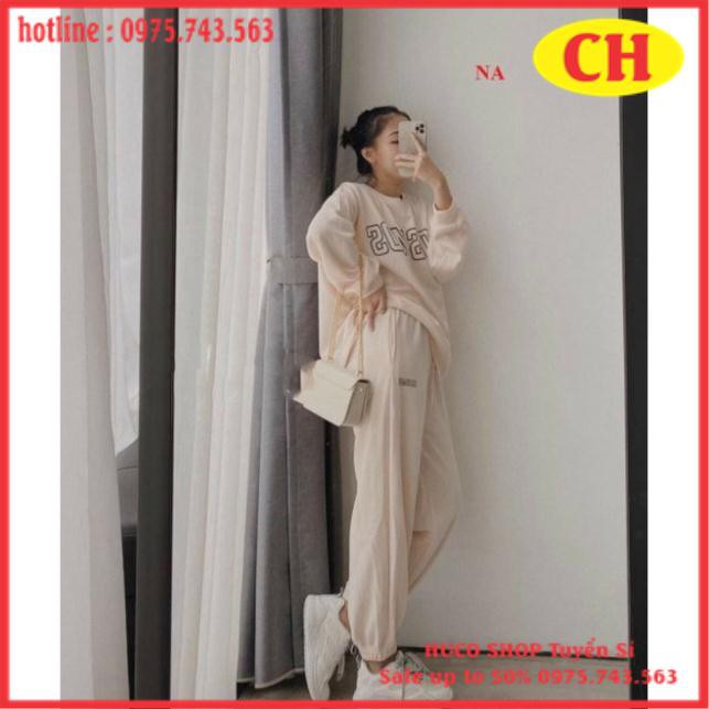 Sét Bộ nỉ thu đông nam nữ Sweater dài tay Sum Basic Nỉ cotton Ulzzang tay bồng + quần Bom Chun ống unisex freesize