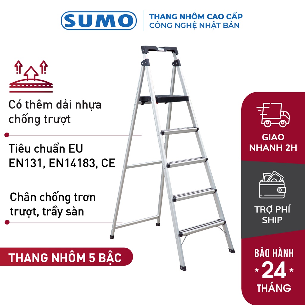 Thang ghế nhôm 5 bậc cao 1,76M gấp gọn tay vịn Sumo Thái Lan ADS-605, thang chữ A gia đình đa năng nhập khẩu-BH 2 năm