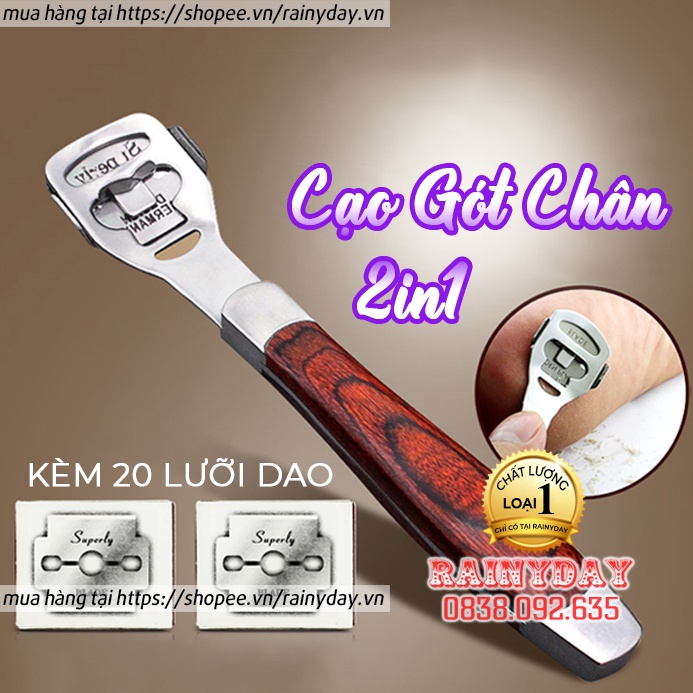 Dụng cụ cạo gót chân kèm 20 dao bào, cây chà nạo gót chân nứt inox 2in1 tẩy da chết cao cấp