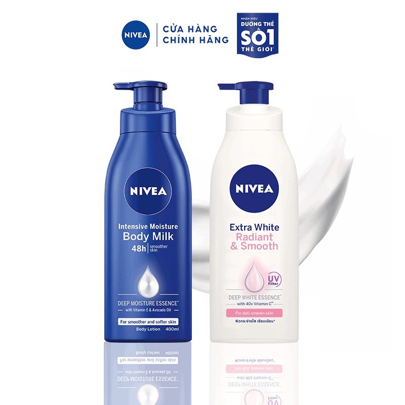 Bộ đôi dưỡng thể NIVEA  dưỡng ẩm &amp; làm mịn da 600ml: Dưỡng thể dưỡng ẩm chuyển sâu 48H &amp; Dưỡng thể dưỡng da trắng mịn