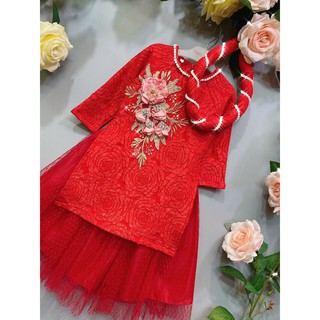 Áo dài vân nổi gấm hoa trà cho bé gái 10-22kg v199 - namkidshop