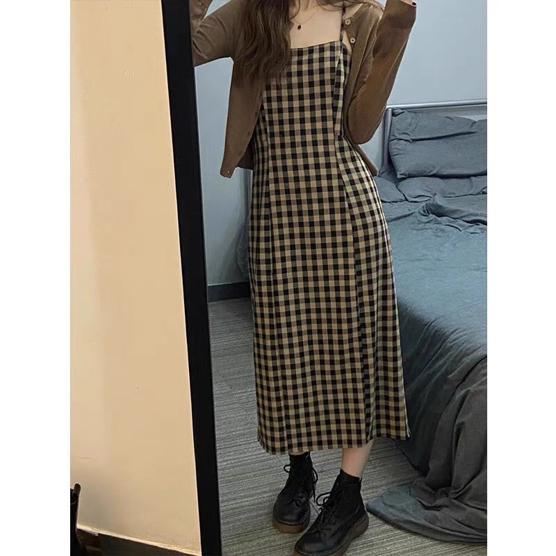 Váy Hai Dây Kẻ Nâu Ulzzang