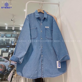 [S1307] Áo sơ mi bò bò may tag trắng túi ngực form rộng (Có sẵn/Ảnh thật)