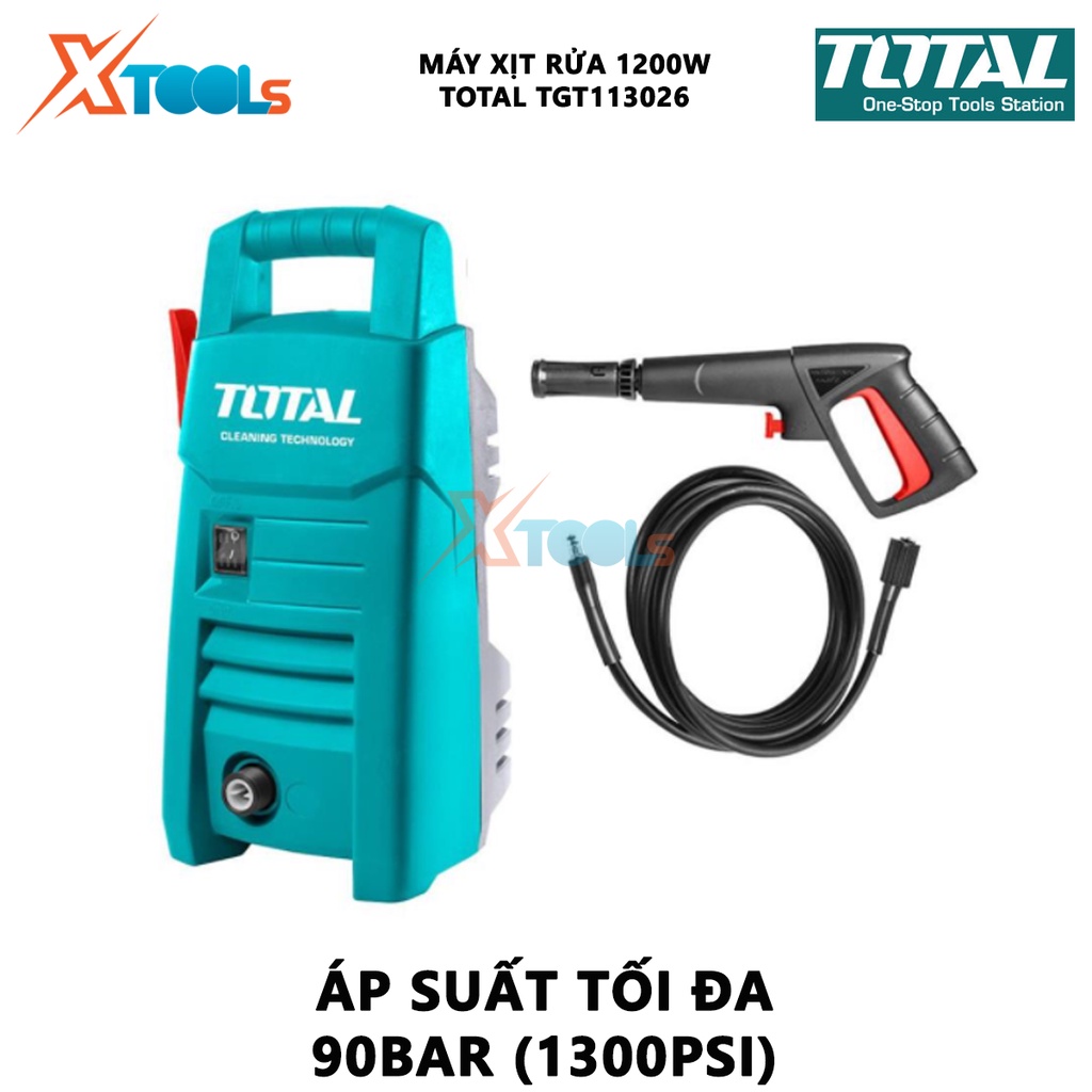 Máy xịt rửa TOTAL TGT113026 Máy rửa xe cao cấp công suất 1200w, điện áp đầu vào 220v, Áp lực tối đa 90Bar (1300 PSI)