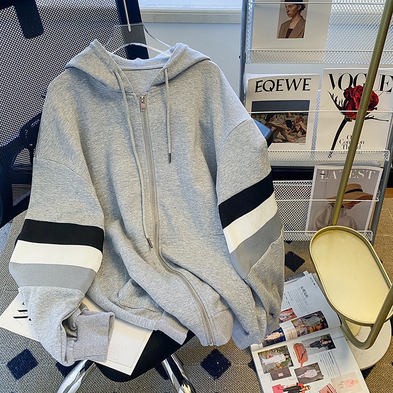 ZHELIHANGFEI Áo Khoác Hoodie Tay Dài Dáng Rộng Họa Tiết Kẻ Sọc Thời Trang