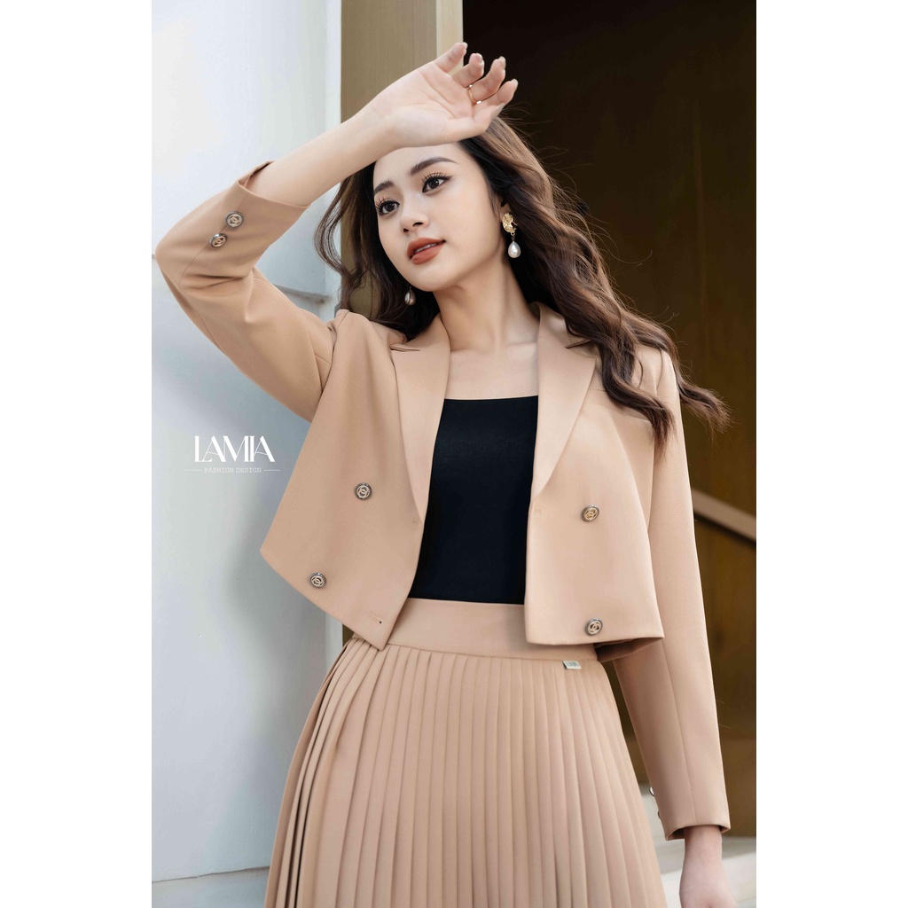 SET VEST NỮ DÁNG NGẮN PHỐI CHÂN VÁY XẾP LY MÀU BE NHẠT LAMIA DESIGN LE119