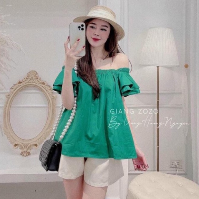 Sét Đồ Bộ Nữ Mặc Nhà Quần Đùi Aó Trễ Vai Phối Màu Dịu Dàng Mát Mẻ Thời Trang Nữ stclothing