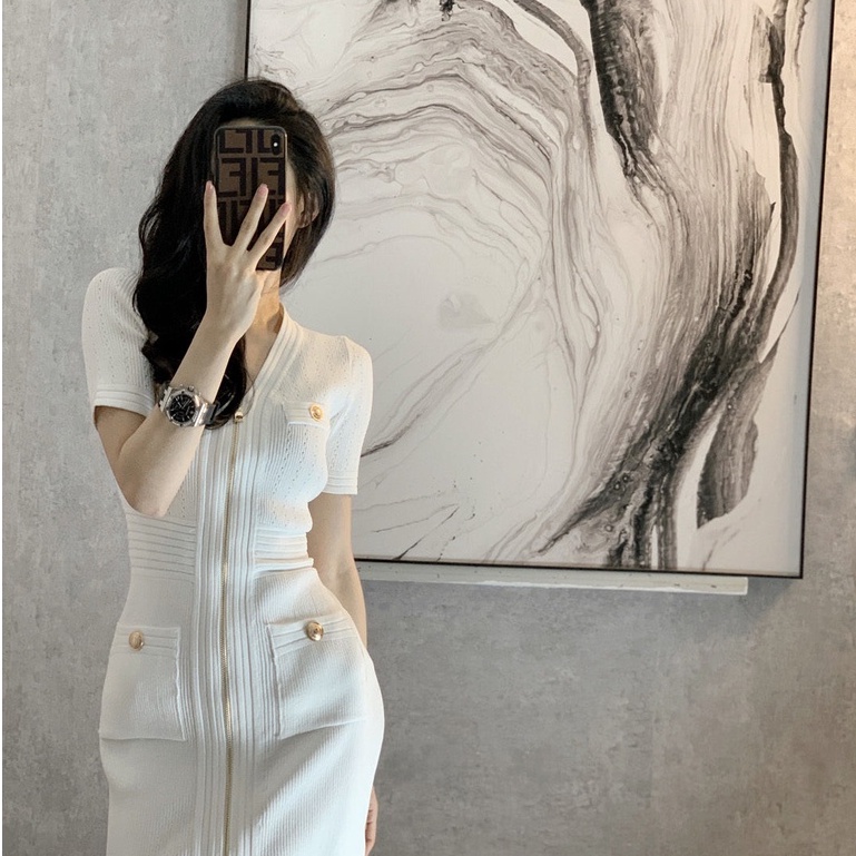 2023 Đầm vải dệt kim ôm eo kiểu retro Pháp thời trang mùa hè cho nữ