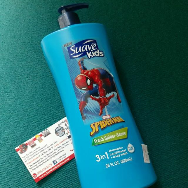 DẦU TẮM GỘI XÃ 3 TRONG 1 BÉ HÌNH NGƯỜI NHỆN Suave Kids Fresh Spider-Sense 3 in 1 Shampoo Conditioner and Body Wash 828ML