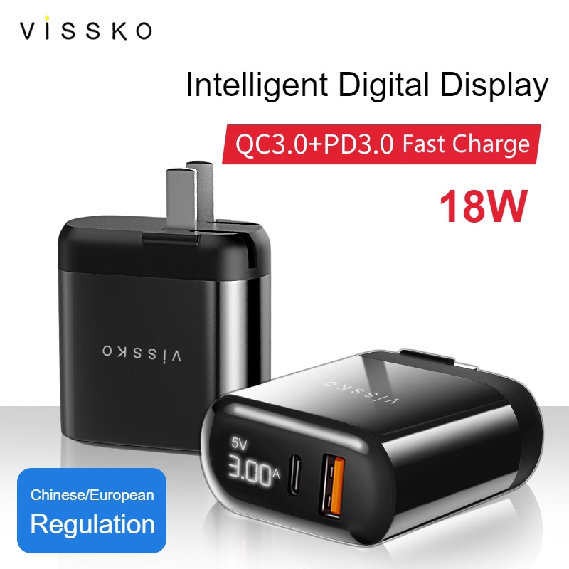 Vissko PD3.0+QC3.0 Fast Charger 18W Output Intelligent Digital Display Charger