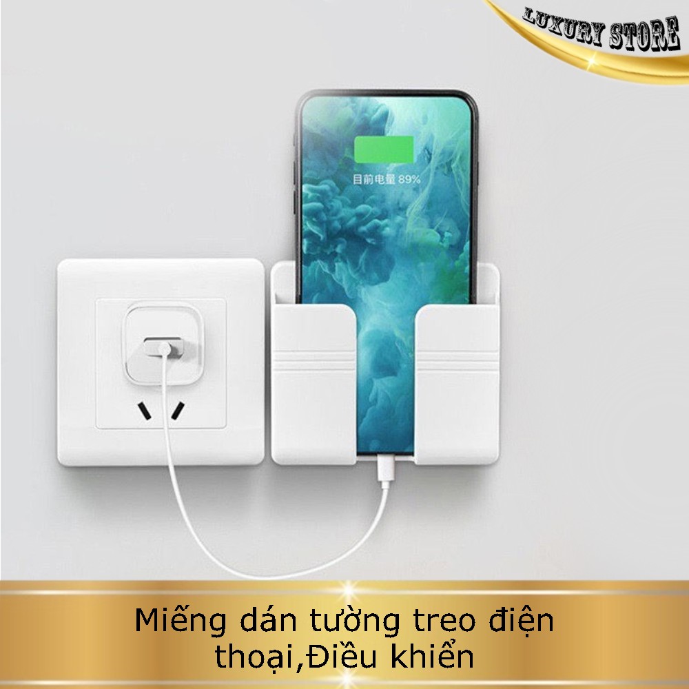 Miếng dán tường treo điện thoại, điều khiển, có móc treo giữ dây điện