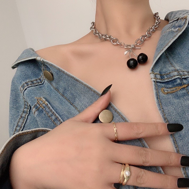 vòng cổ chocker thép titan bền màu mặt thiết kế hình quả cherry độc lạ mã TH0129555