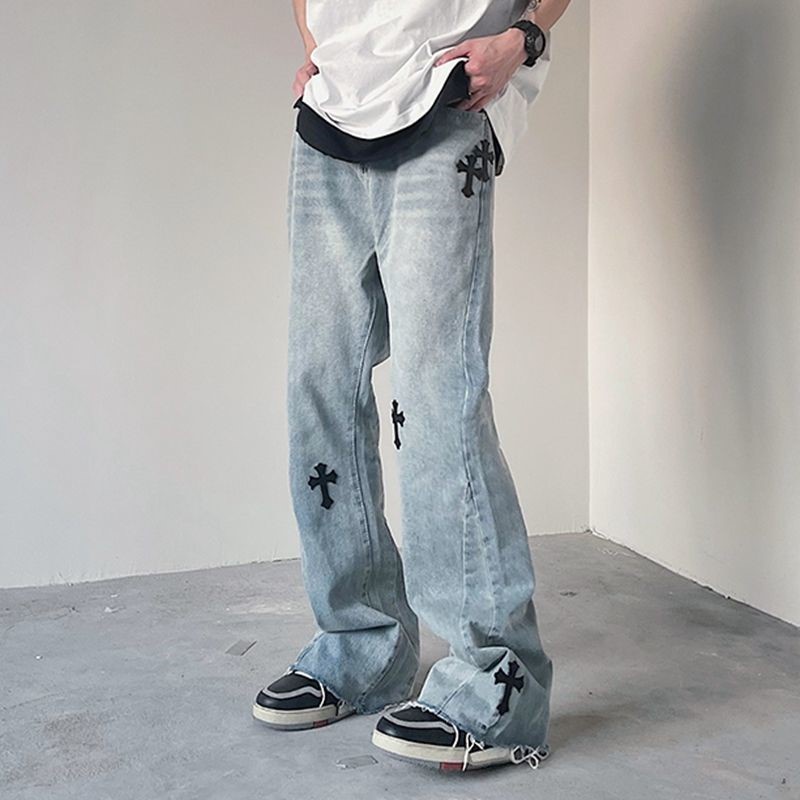 Quần Jeans nam ống rộng họa tiết thánh giá, Quần bò nam phong cách Streetwear