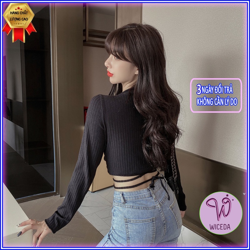 Áo croptop dài tay ôm body dây quấn eo xinh , áo kiểu crt chất len cotton 2 màu đen trắng Wiceda AD366